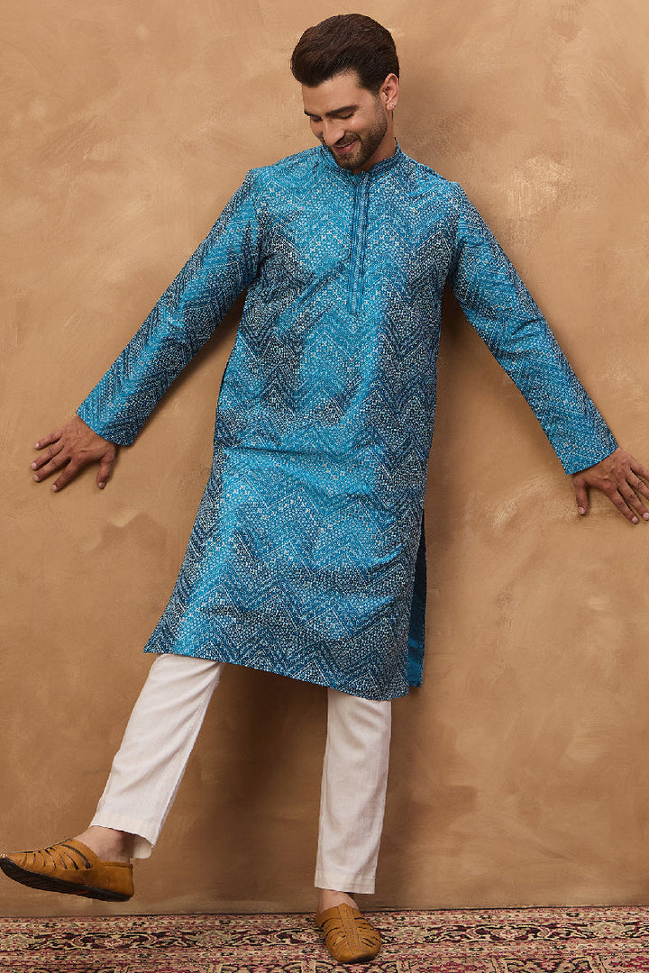 Blue Silk Blend Geometric Printed Straight Kurta With Pant Set | SHOBITAM