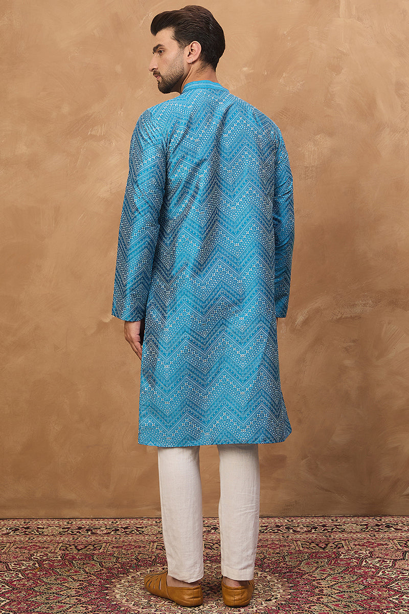 Blue Silk Blend Geometric Printed Straight Kurta | SHOBITAM