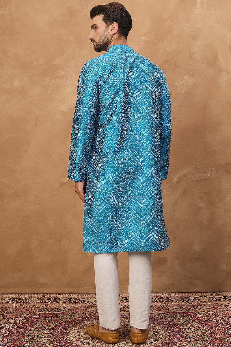 Blue Silk Blend Geometric Printed Straight Kurta With Pant Set | SHOBITAM