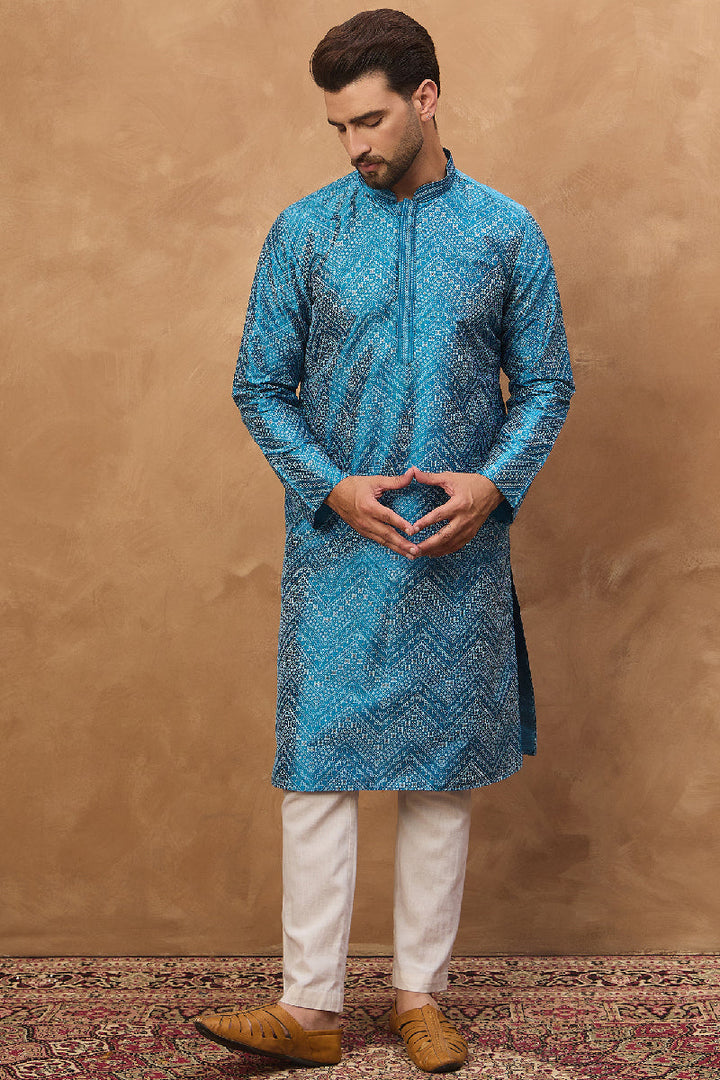 Blue Silk Blend Geometric Printed Straight Kurta With Pant Set | SHOBITAM