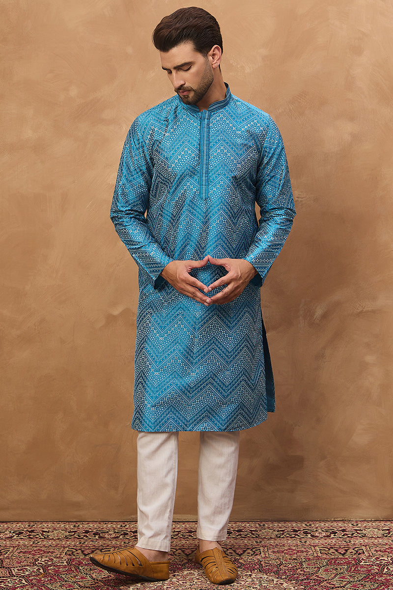 Blue Silk Blend Geometric Printed Straight Kurta | SHOBITAM