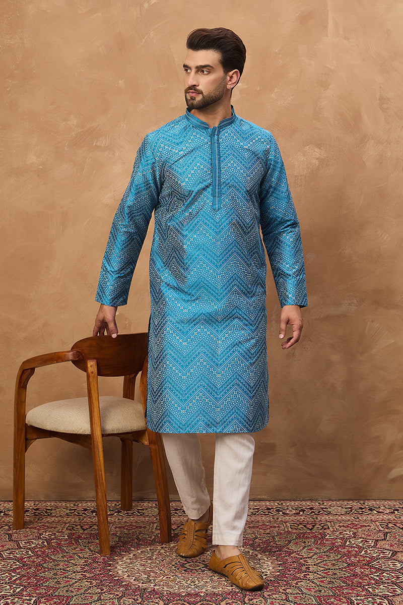 Blue Silk Blend Geometric Printed Straight Kurta | SHOBITAM