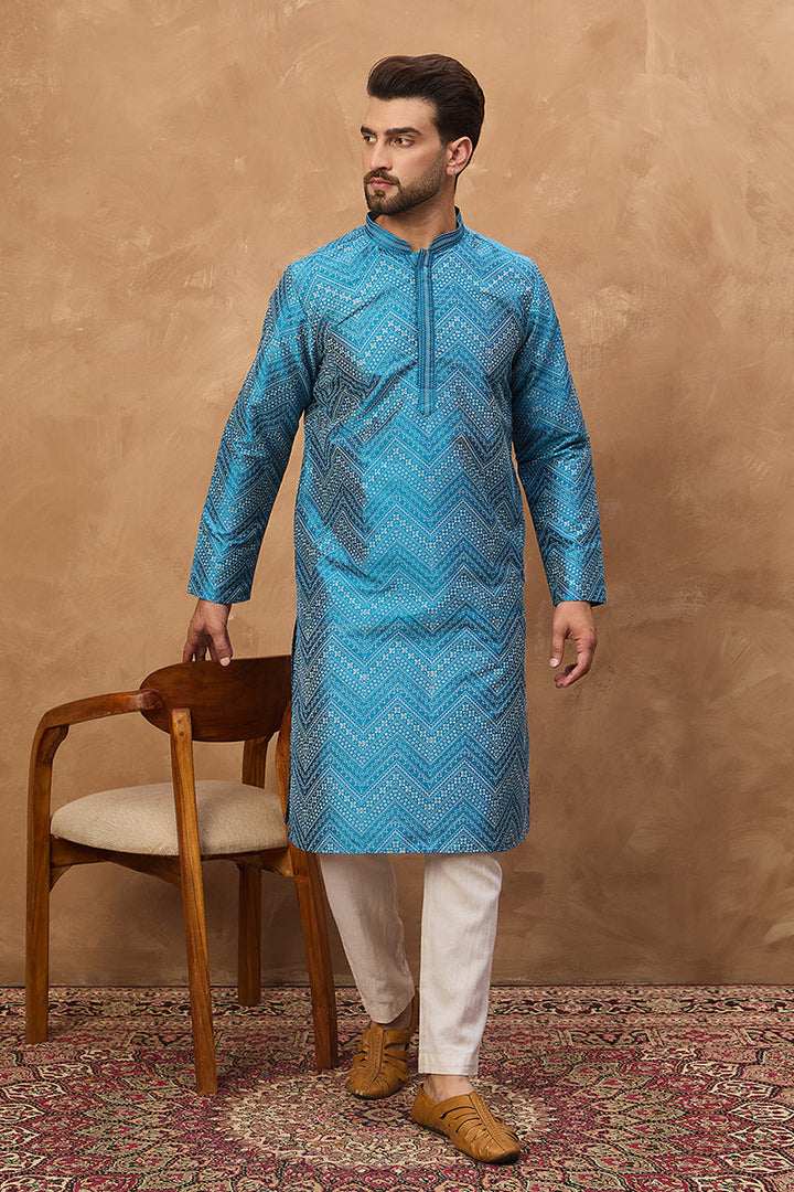 Blue Silk Blend Geometric Printed Straight Kurta | SHOBITAM