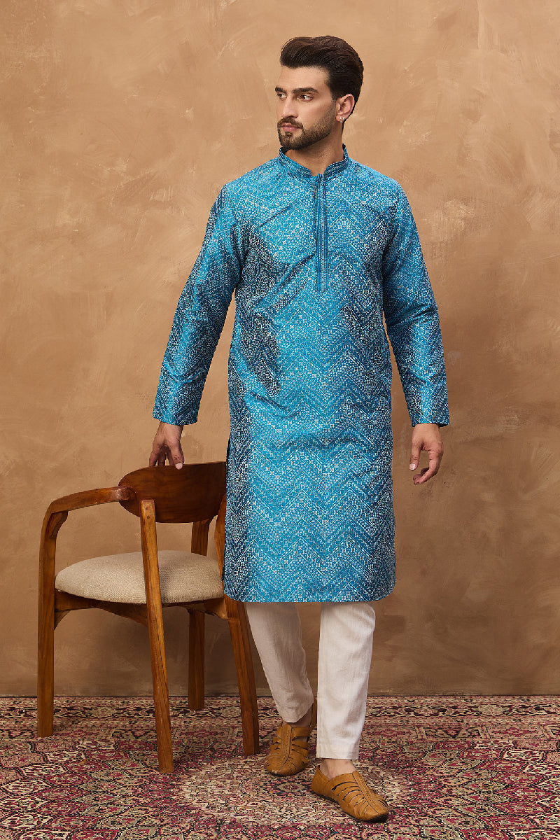 Blue Silk Blend Geometric Printed Straight Kurta With Pant Set | SHOBITAM