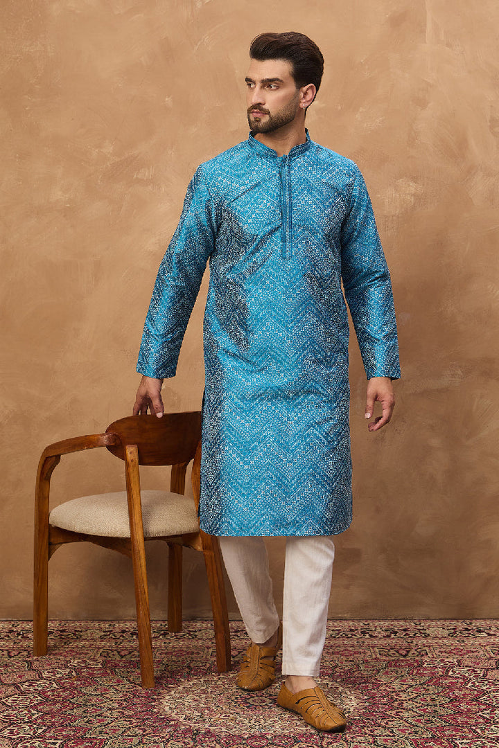 Blue Silk Blend Geometric Printed Straight Kurta With Pant Set | SHOBITAM