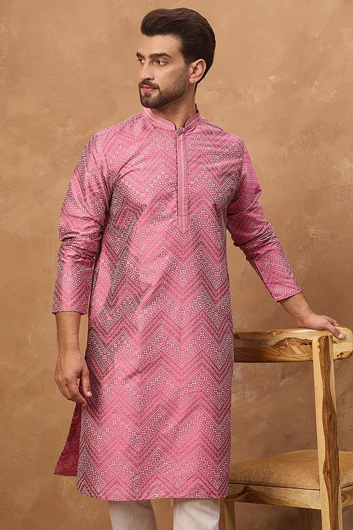 Pink Silk Blend Geometric Printed Straight Kurta | SHOBITAM