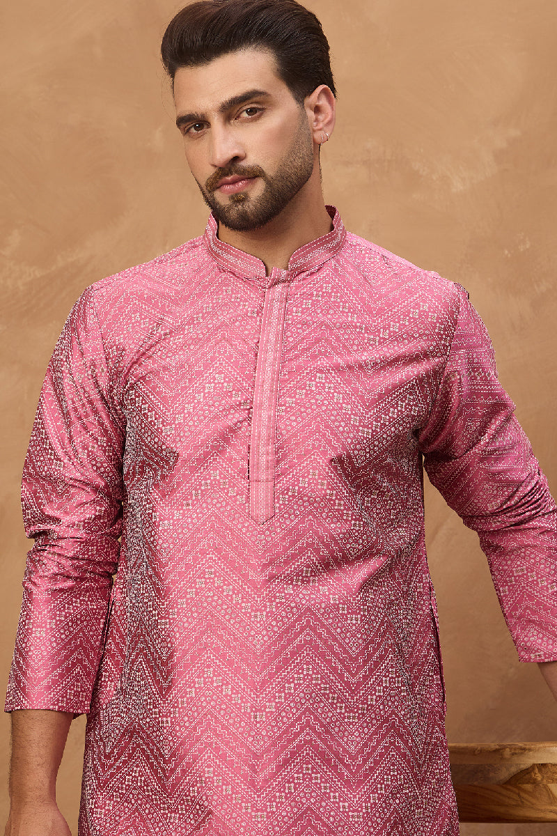 Pink Silk Blend Geometric Printed Straight Kurta With Pant Set | SHOBITAM