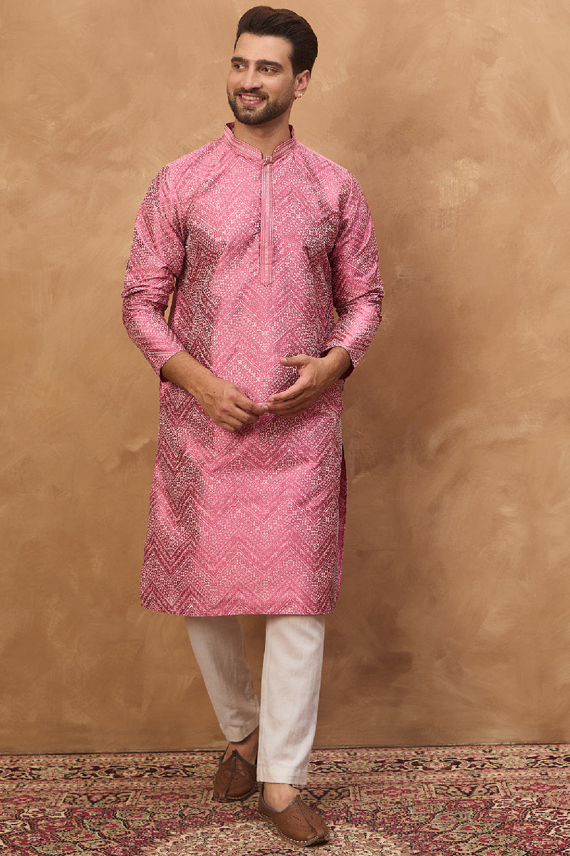 Pink Silk Blend Geometric Printed Straight Kurta With Pant Set | SHOBITAM