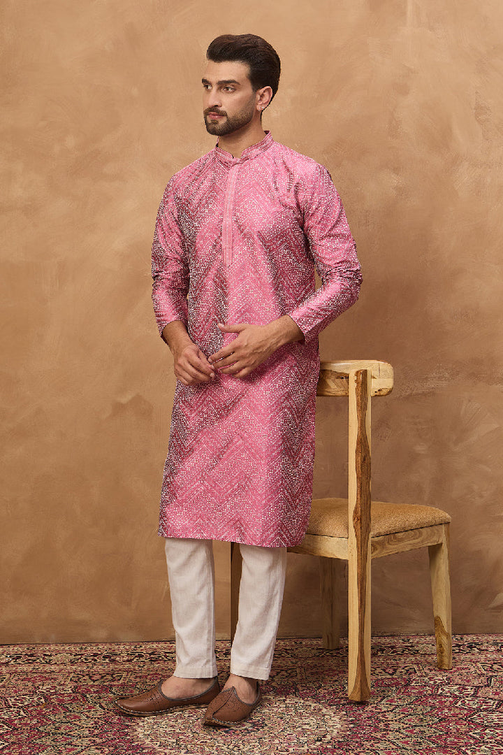 Pink Silk Blend Geometric Printed Straight Kurta With Pant Set | SHOBITAM