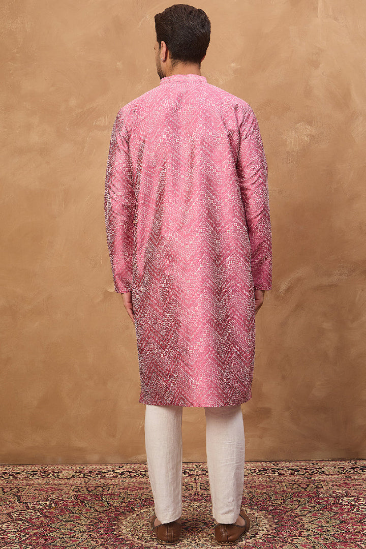 Pink Silk Blend Geometric Printed Straight Kurta With Pant Set | SHOBITAM