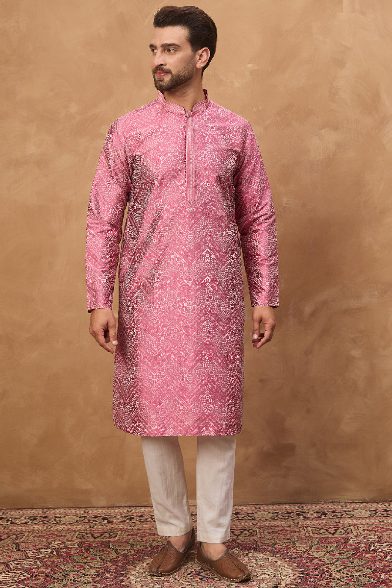 Pink Silk Blend Geometric Printed Straight Kurta With Pant Set | SHOBITAM