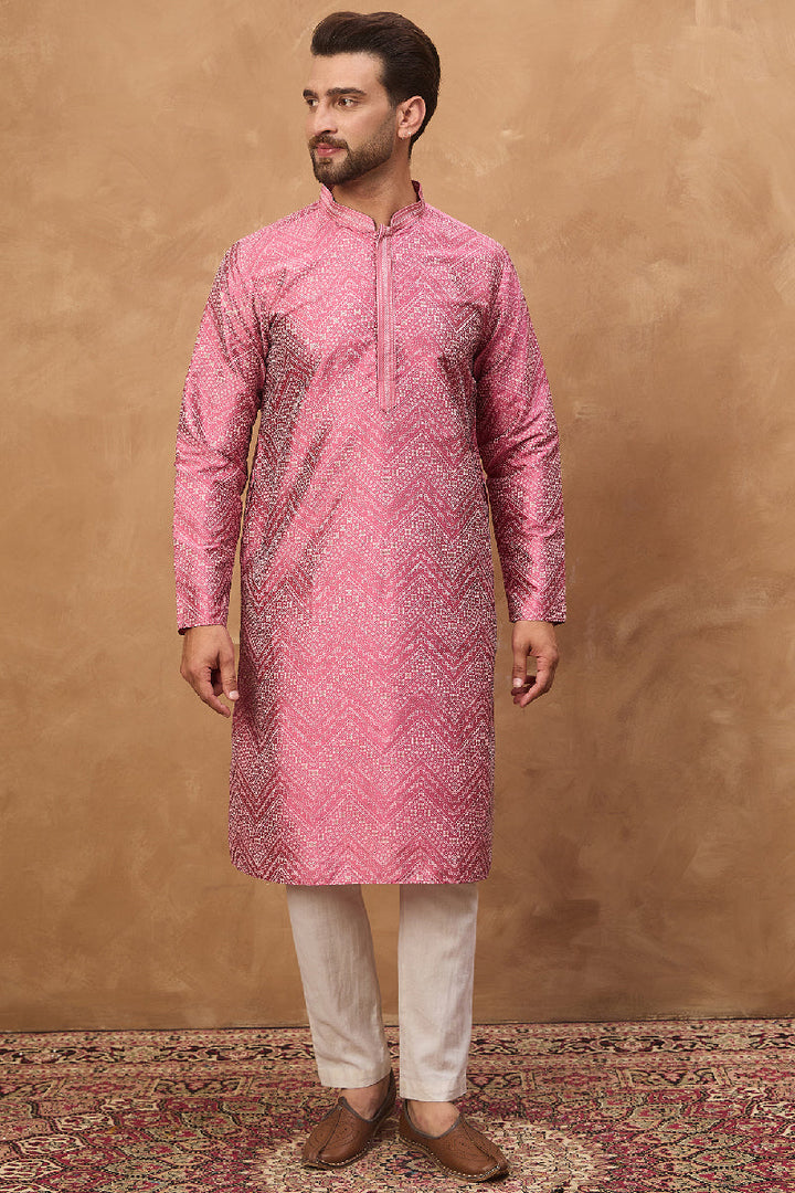 Pink Silk Blend Geometric Printed Straight Kurta With Pant Set | SHOBITAM