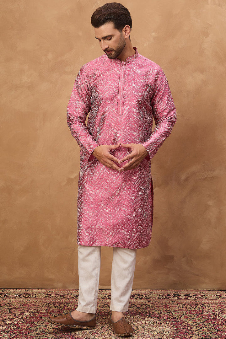 Pink Silk Blend Geometric Printed Straight Kurta With Pant Set | SHOBITAM