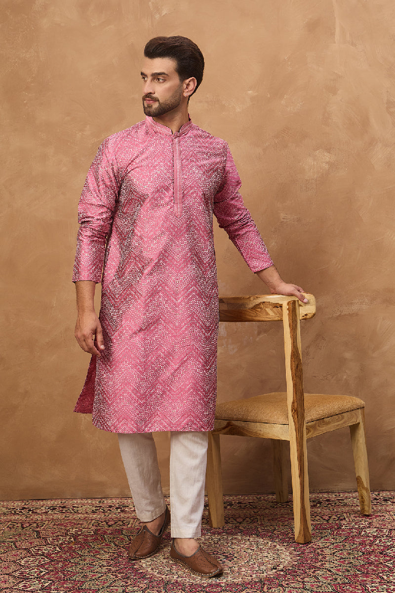Pink Silk Blend Geometric Printed Straight Kurta With Pant Set | SHOBITAM