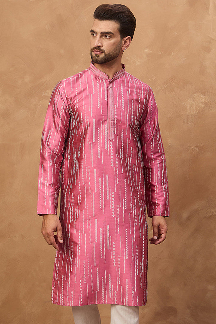 Pink Silk Blend Geometric Printed Straight Kurta | SHOBITAM