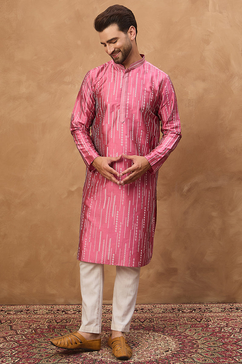 Pink Silk Blend Geometric Printed Straight Kurta | SHOBITAM