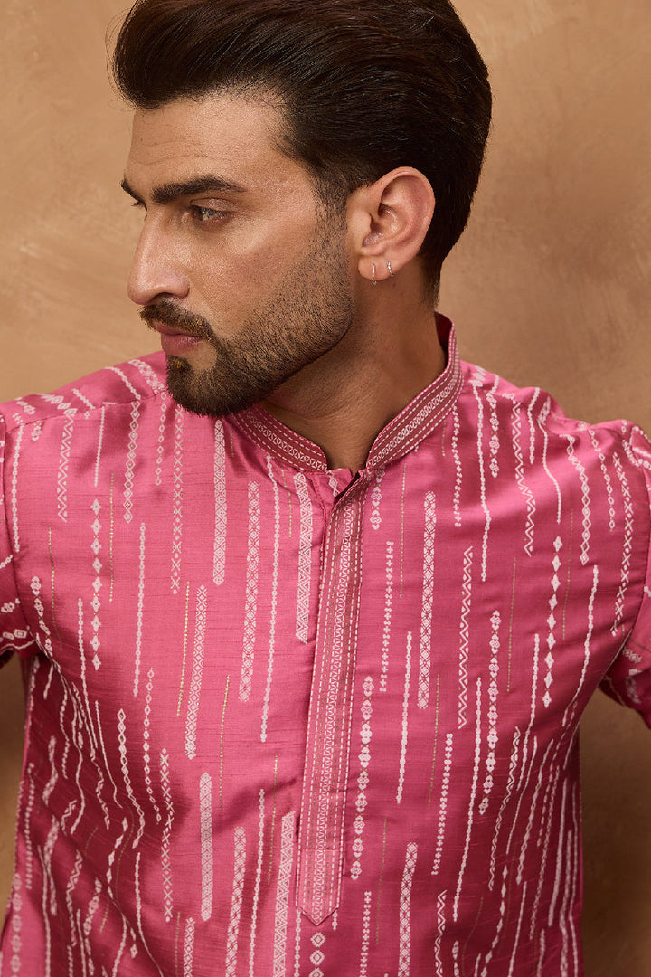 Pink Silk Blend Geometric Printed Straight Kurta With Pant Set | SHOBITAM