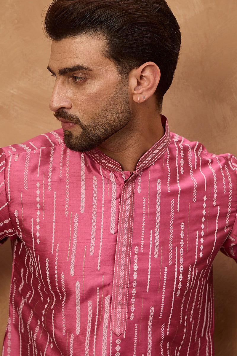 Pink Silk Blend Geometric Printed Straight Kurta | SHOBITAM