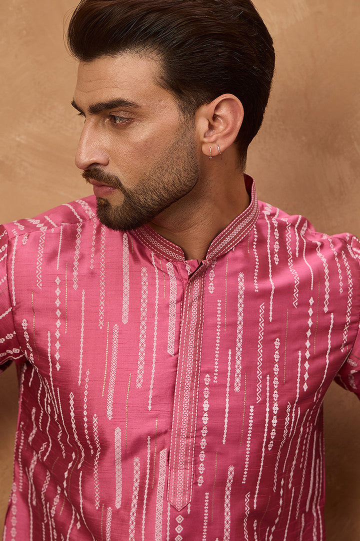Pink Silk Blend Geometric Printed Straight Kurta | SHOBITAM