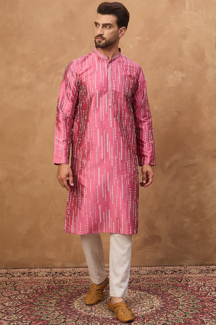 Pink Silk Blend Geometric Printed Straight Kurta With Pant Set | SHOBITAM