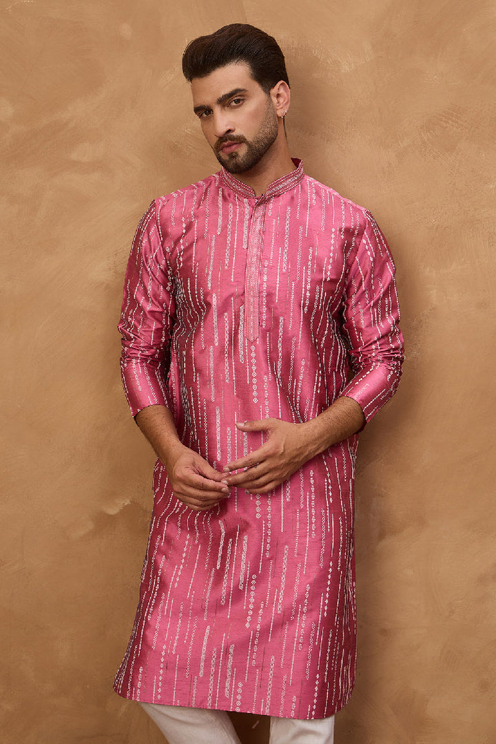 Pink Silk Blend Geometric Printed Straight Kurta With Pant Set | SHOBITAM