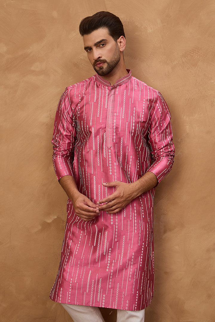 Pink Silk Blend Geometric Printed Straight Kurta | SHOBITAM