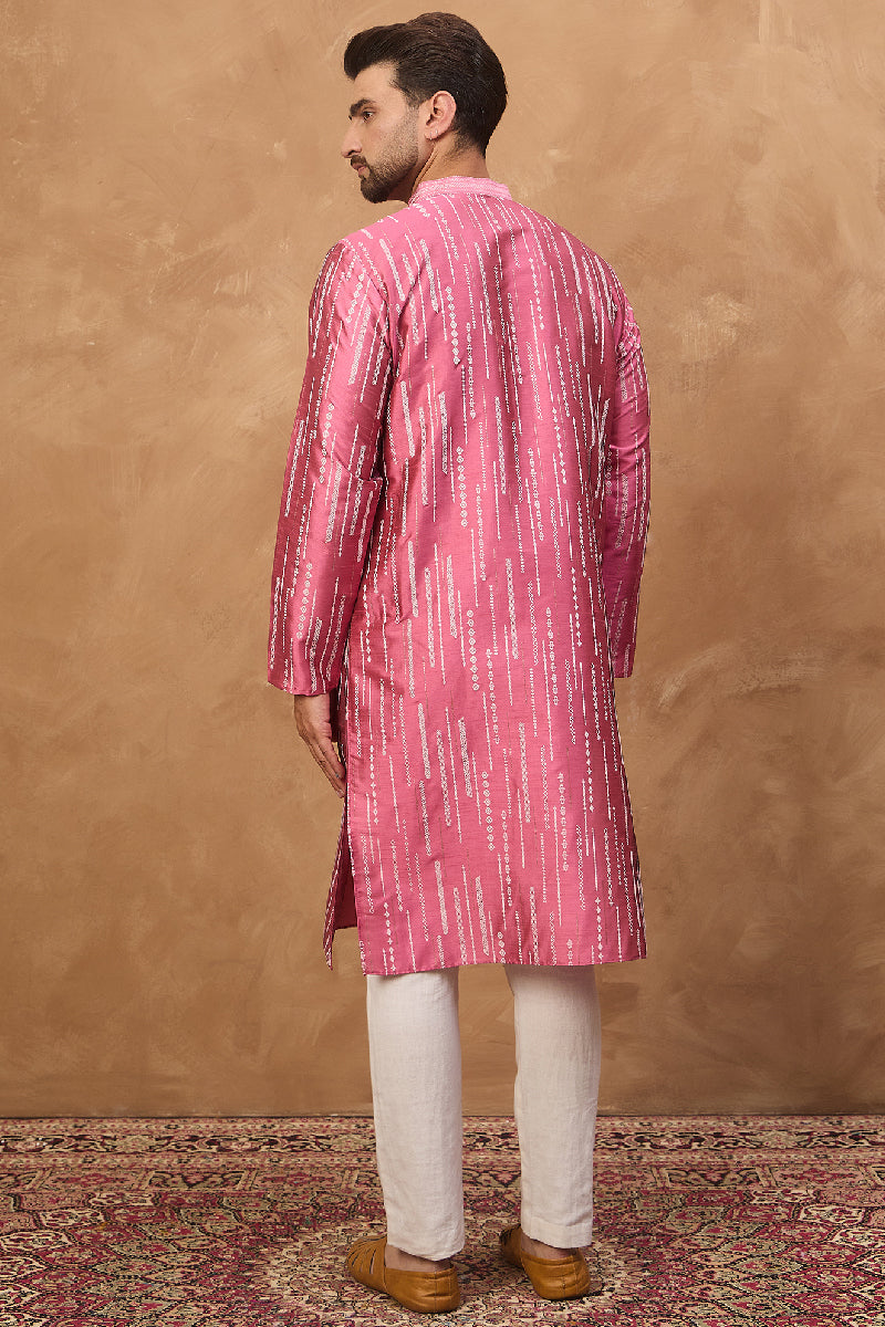 Pink Silk Blend Geometric Printed Straight Kurta With Pant Set | SHOBITAM