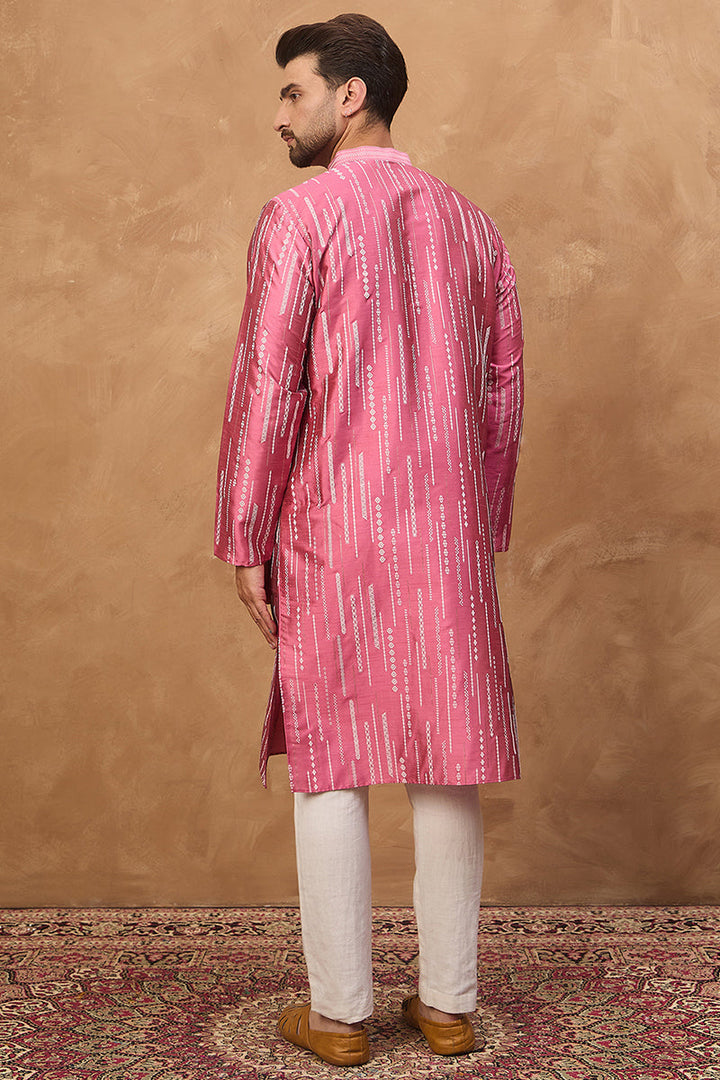 Pink Silk Blend Geometric Printed Straight Kurta | SHOBITAM