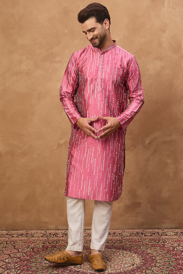 Pink Silk Blend Geometric Printed Straight Kurta With Pant Set | SHOBITAM