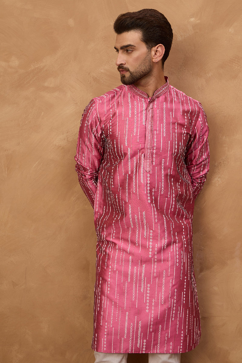 Pink Silk Blend Geometric Printed Straight Kurta With Pant Set | SHOBITAM