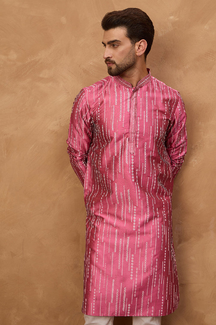 Pink Silk Blend Geometric Printed Straight Kurta With Pant Set | SHOBITAM
