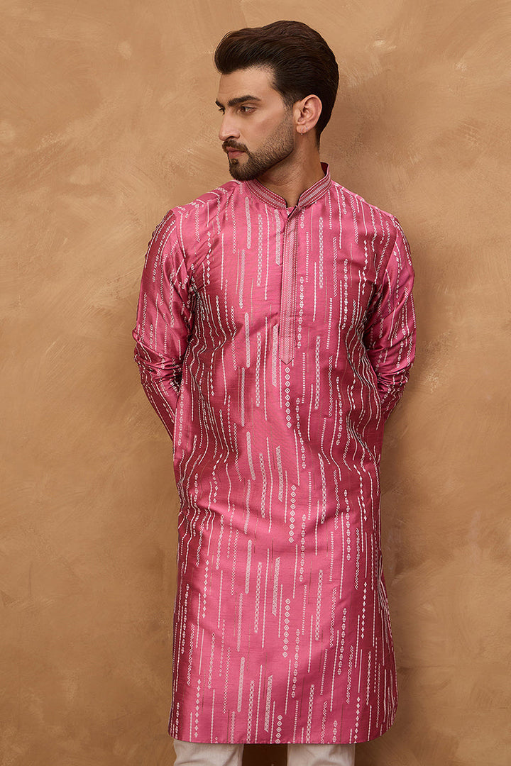 Pink Silk Blend Geometric Printed Straight Kurta | SHOBITAM