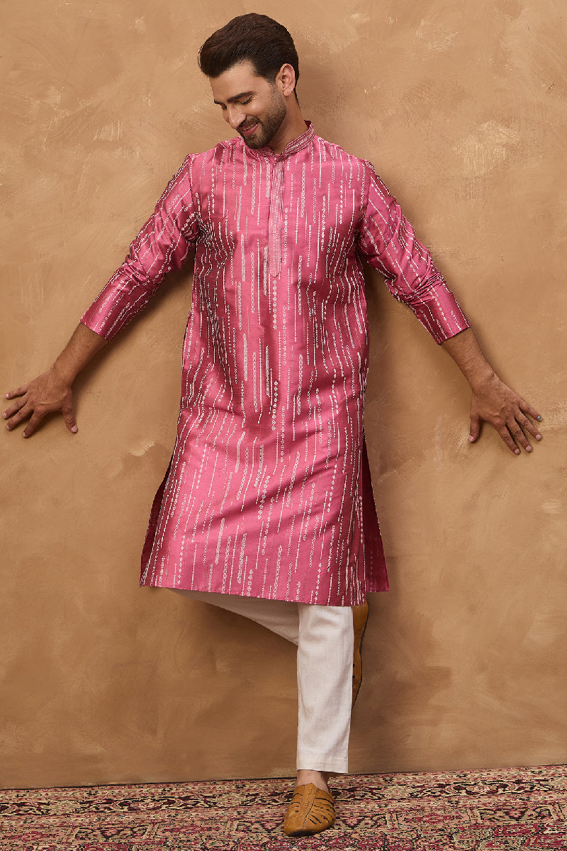 Pink Silk Blend Geometric Printed Straight Kurta With Pant Set | SHOBITAM
