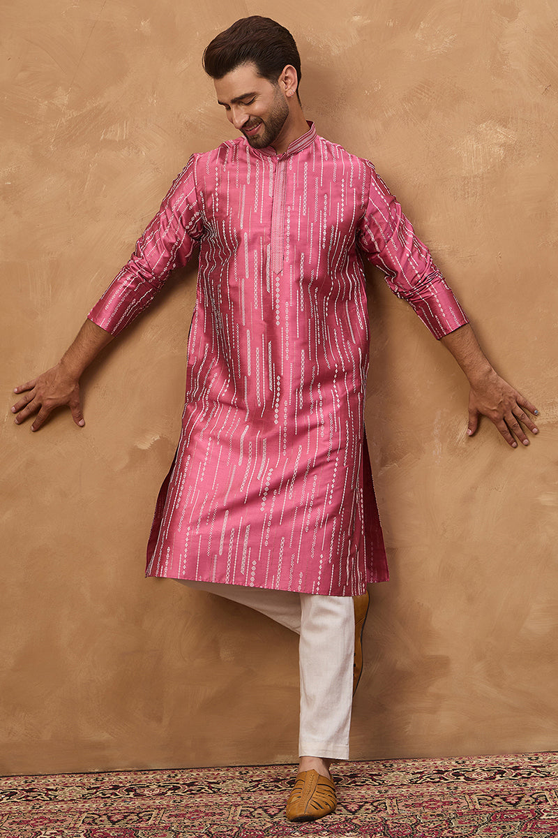 Pink Silk Blend Geometric Printed Straight Kurta | SHOBITAM