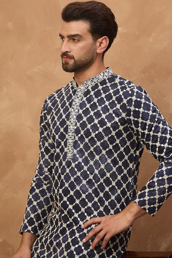 Blue Viscose Rayon Shibori Embroidered Straight Kurta With Pant Set | Shobitam