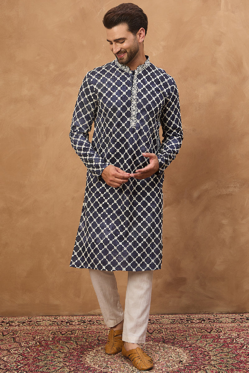 Blue Viscose Rayon Shibori Embroidered Straight Kurta With Pant Set | Shobitam