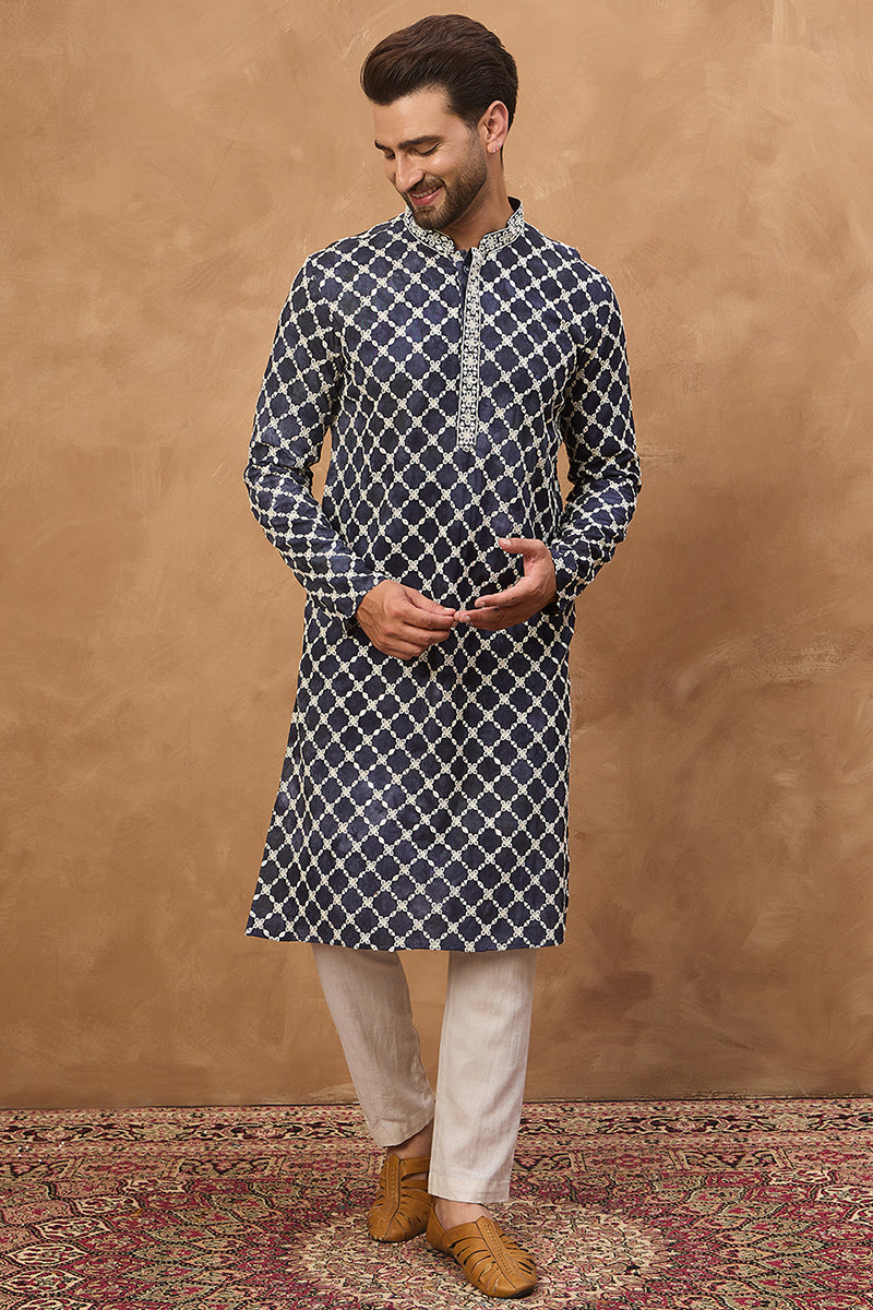 Blue Viscose Rayon Shibori Embroidered Straight Kurta | SHOBITAM