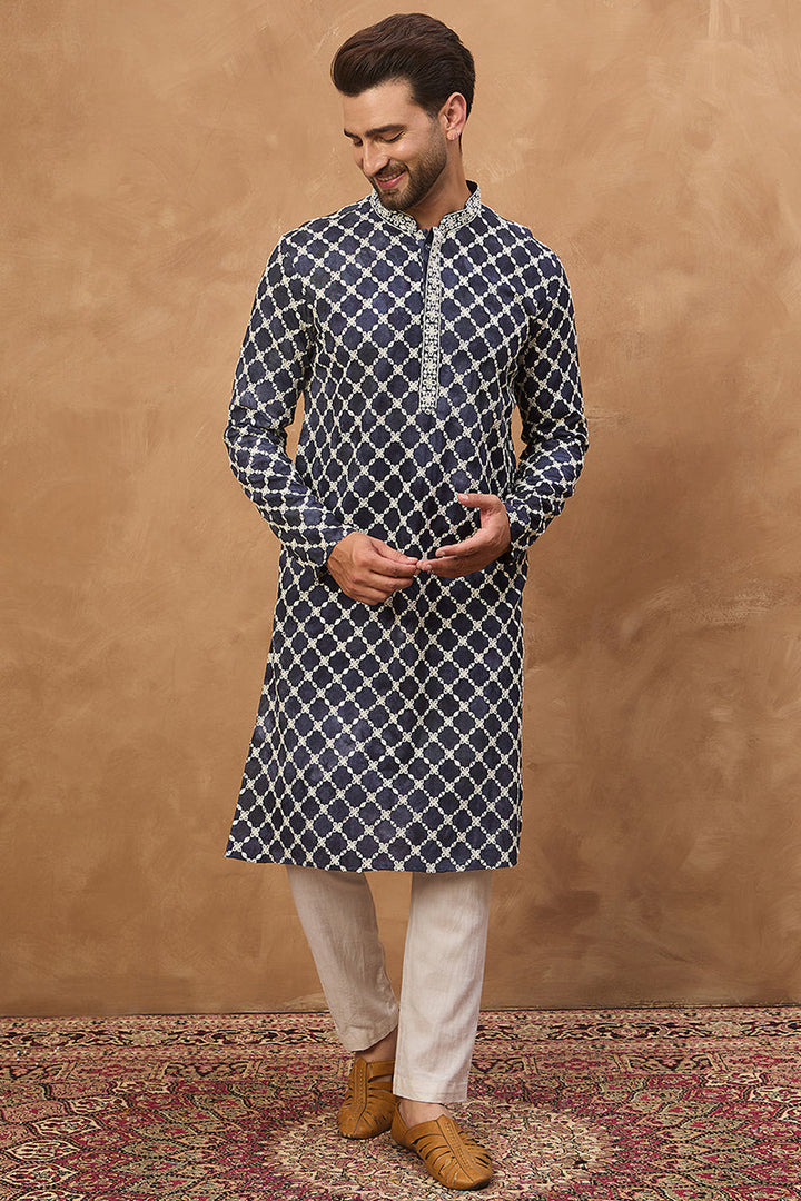 Blue Viscose Rayon Shibori Embroidered Straight Kurta | SHOBITAM
