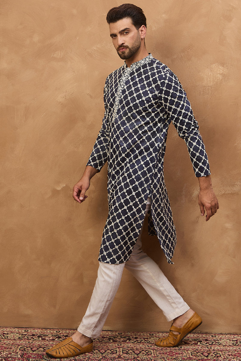Blue Viscose Rayon Shibori Embroidered Straight Kurta With Pant Set | Shobitam