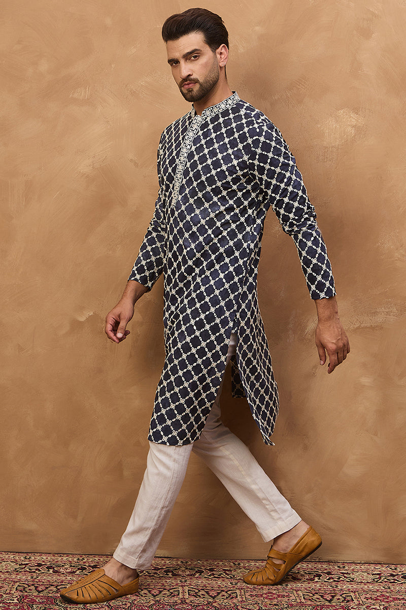 Blue Viscose Rayon Shibori Embroidered Straight Kurta | SHOBITAM