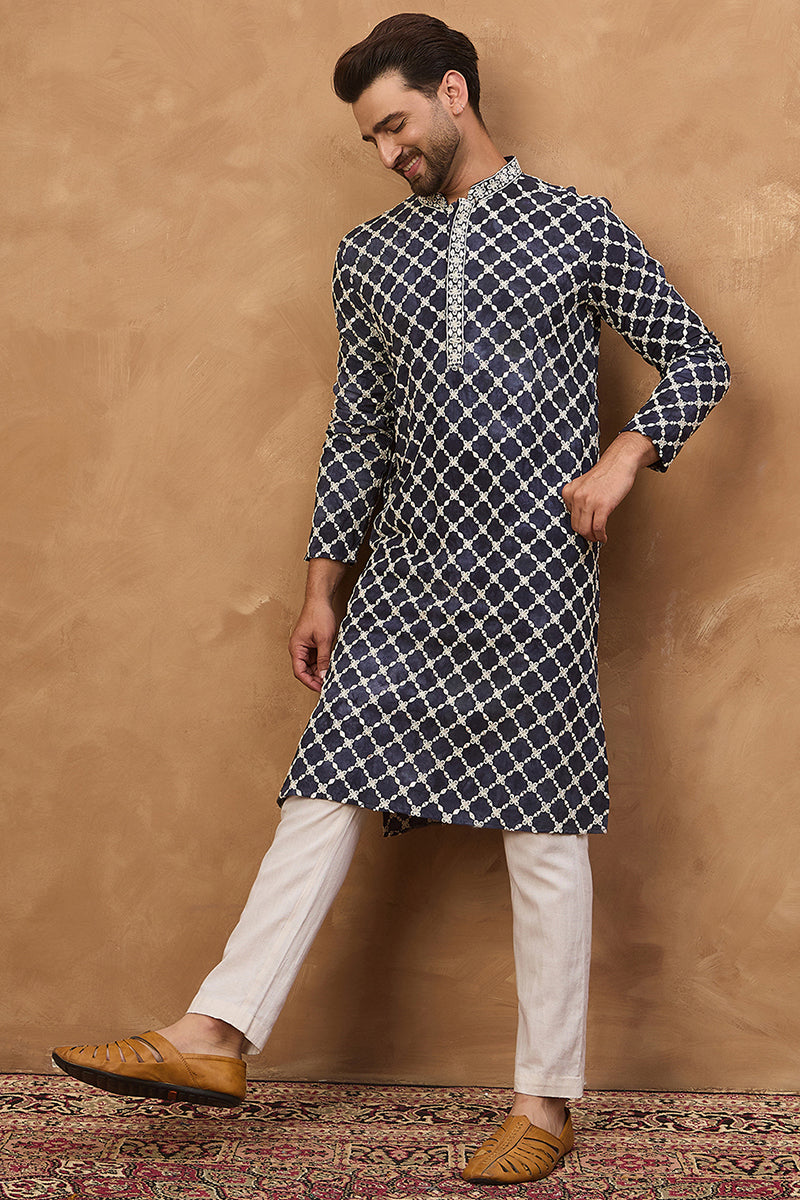 Blue Viscose Rayon Shibori Embroidered Straight Kurta | SHOBITAM
