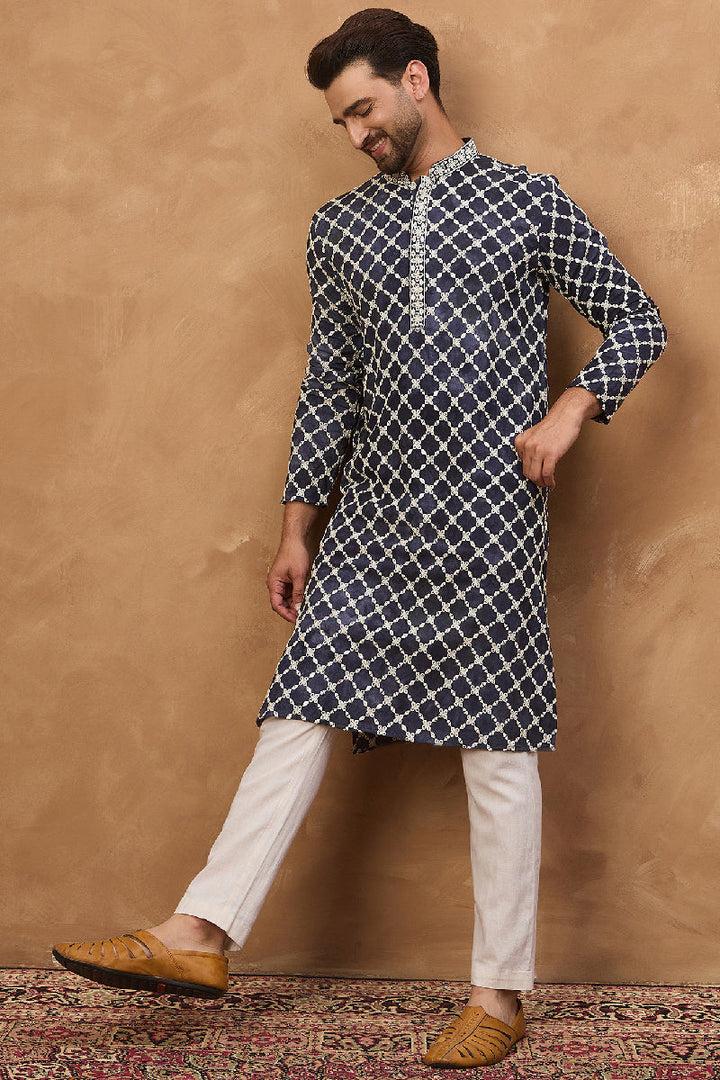Blue Viscose Rayon Shibori Embroidered Straight Kurta With Pant Set | Shobitam