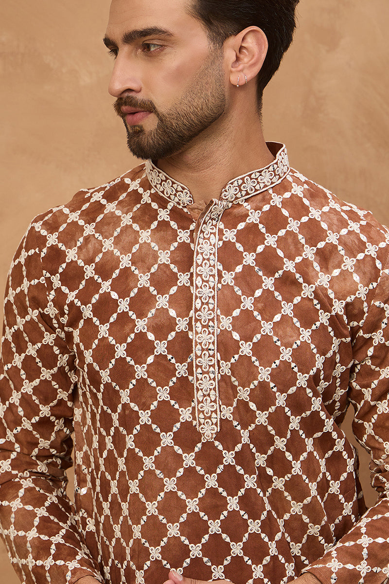 Brown Viscose Rayon Solid Embroidered Straight Kurta | SHOBITAM