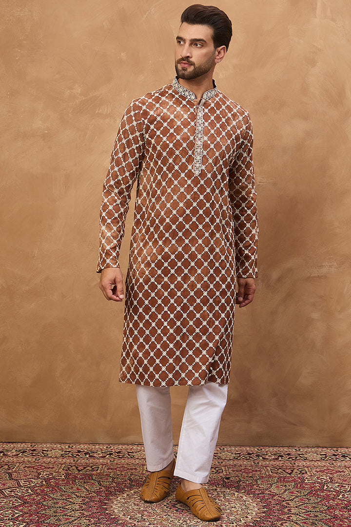 Brown Viscose Rayon Solid Embroidered Straight Kurta | SHOBITAM