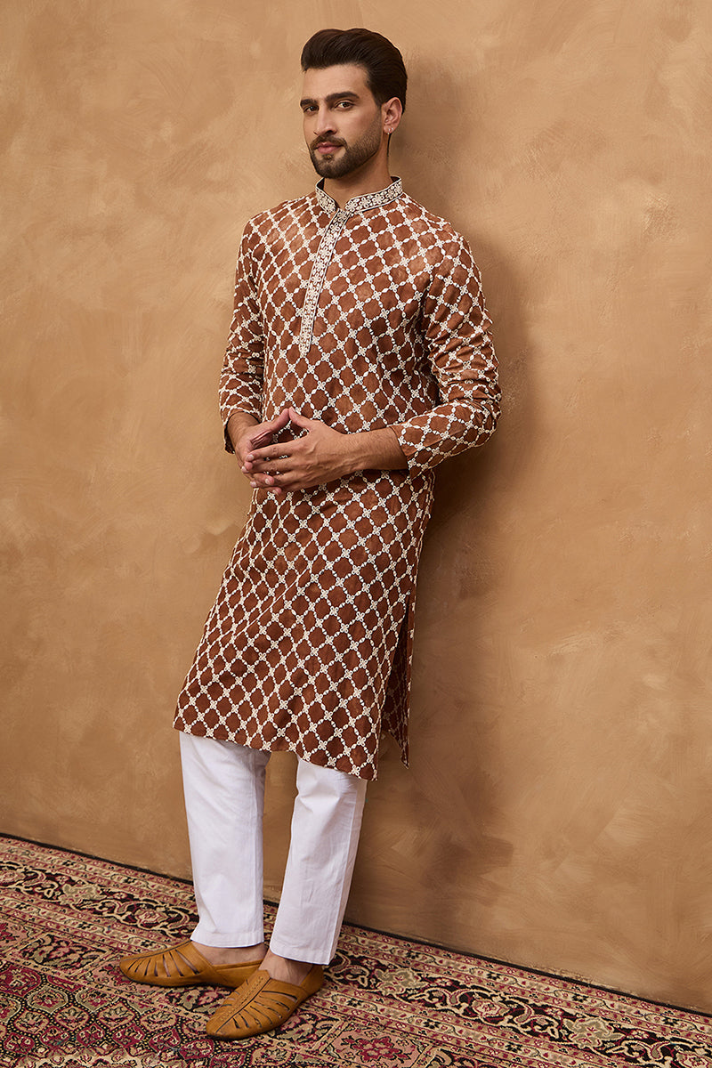 Brown Viscose Rayon Solid Embroidered Straight Kurta | SHOBITAM