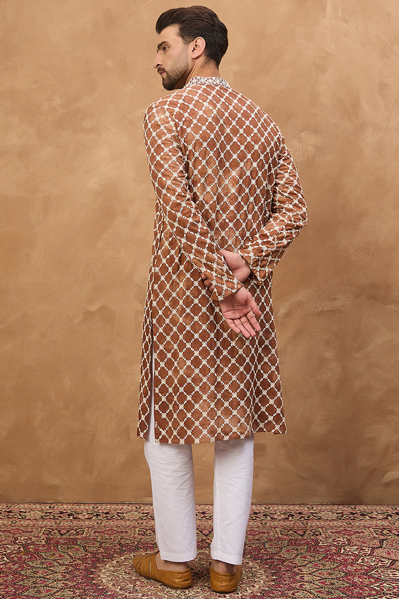 Brown Viscose Rayon Solid Embroidered Straight Kurta | SHOBITAM