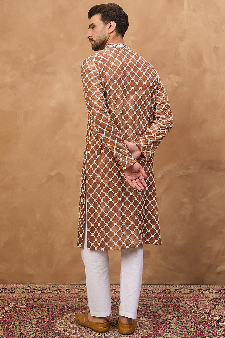 Brown Viscose Rayon Solid Embroidered Straight Kurta | SHOBITAM