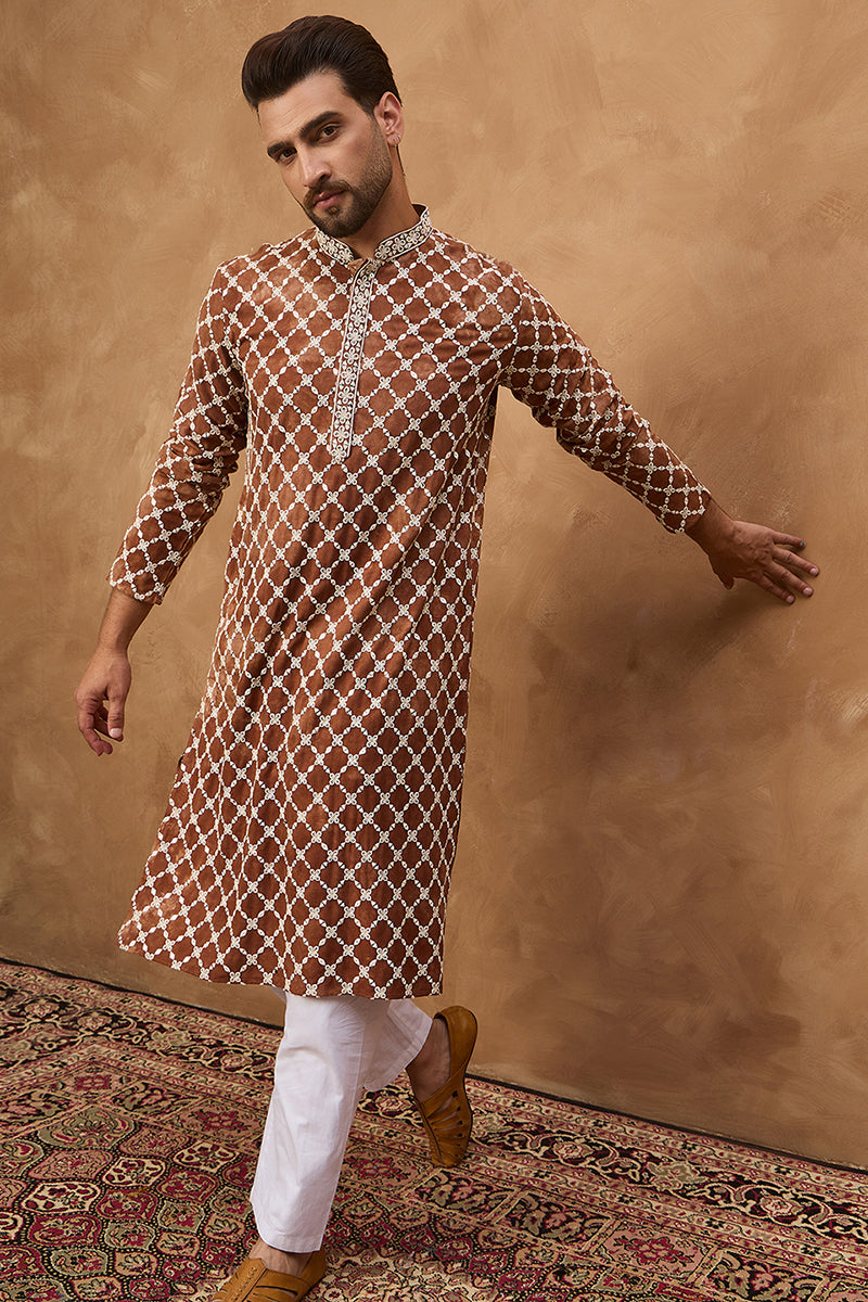 Brown Viscose Rayon Solid Embroidered Straight Kurta | SHOBITAM