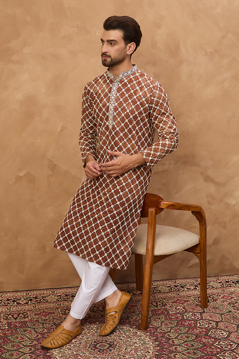 Brown Viscose Rayon Solid Embroidered Straight Kurta | SHOBITAM