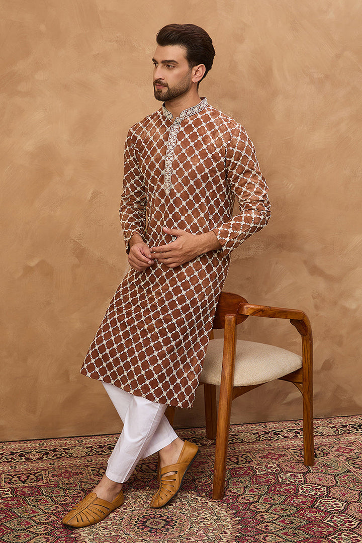 Brown Viscose Rayon Solid Embroidered Straight Kurta | SHOBITAM